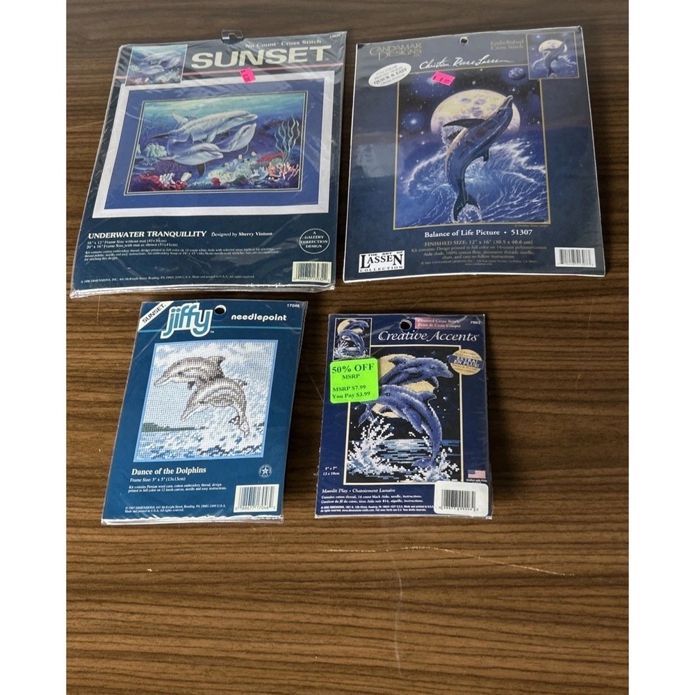 Dolphin Cross Stitch Kit Lot Sunset Charles Wysocki Lassen Jiffy Ocean NOS (4)